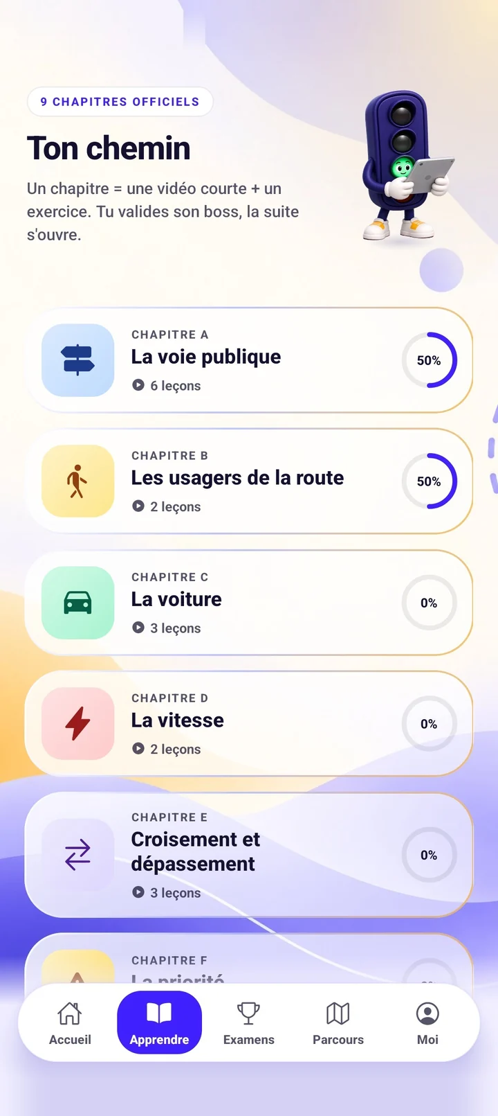 L'onglet Apprendre de l'app MaTheorie : les neuf chapitres et leur progression