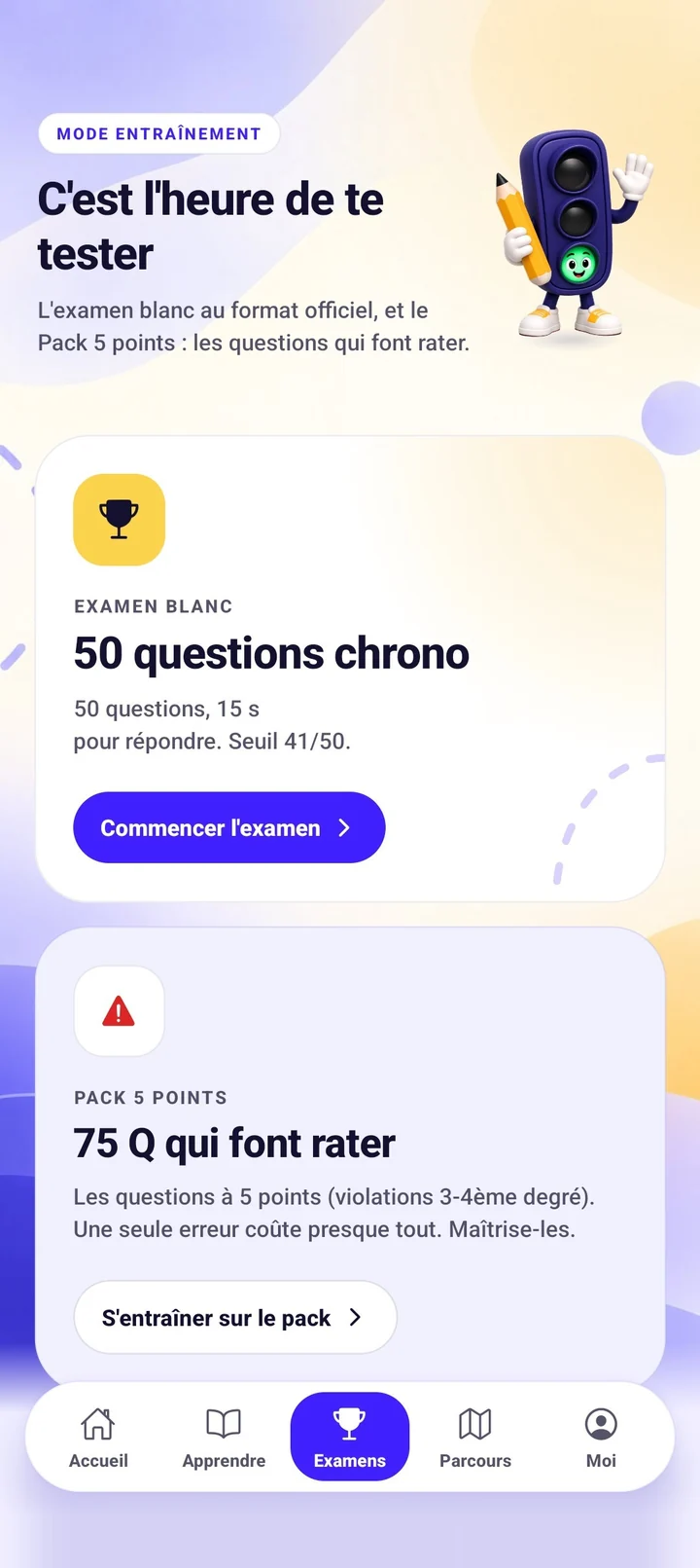 L'onglet Examens de l'app MaTheorie : l'examen blanc de 50 questions et le pack des 75 questions à 5 points