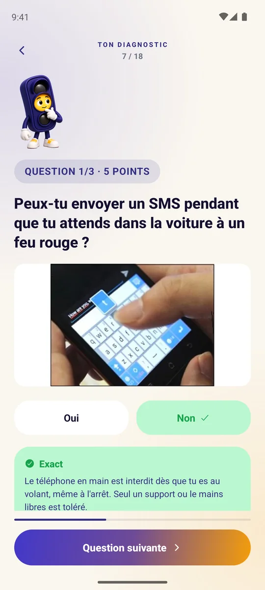 Une question d'examen dans l'app MaTheorie, avec l'explication de Théo