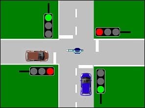 Schéma d'un carrefour à feux tricolores : l'agent est au centre ; une voiture brune arrive par la gauche, une voiture bleue par le bas ; le feu de la voie de la bleue est vert.