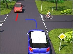 Vue 3D d'un carrefour : la voiture bleue, au premier plan, tourne à gauche ; la voiture rouge arrive en face et continue tout droit ; une cycliste est visible à droite sur la voie latérale.
