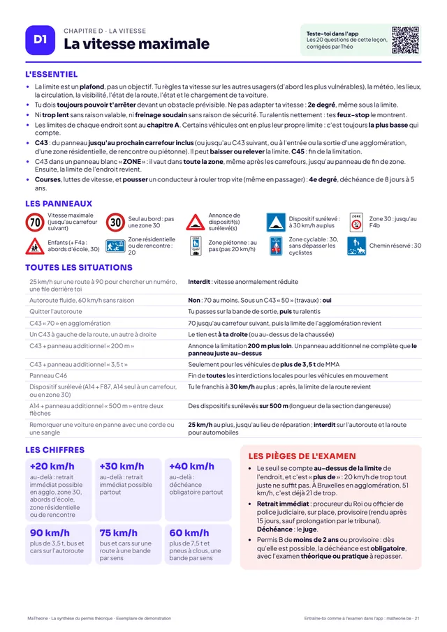 Une page du chapitre D de la synthèse : D1 · La vitesse maximale