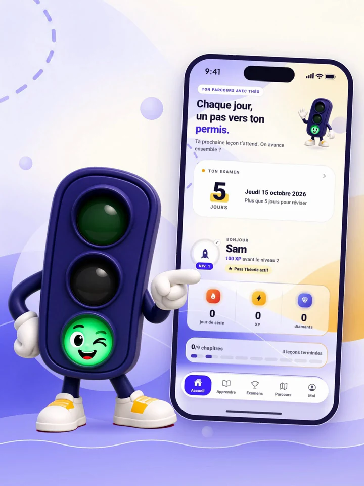 Théo, la mascotte de MaTheorie, devant un téléphone qui montre l'app